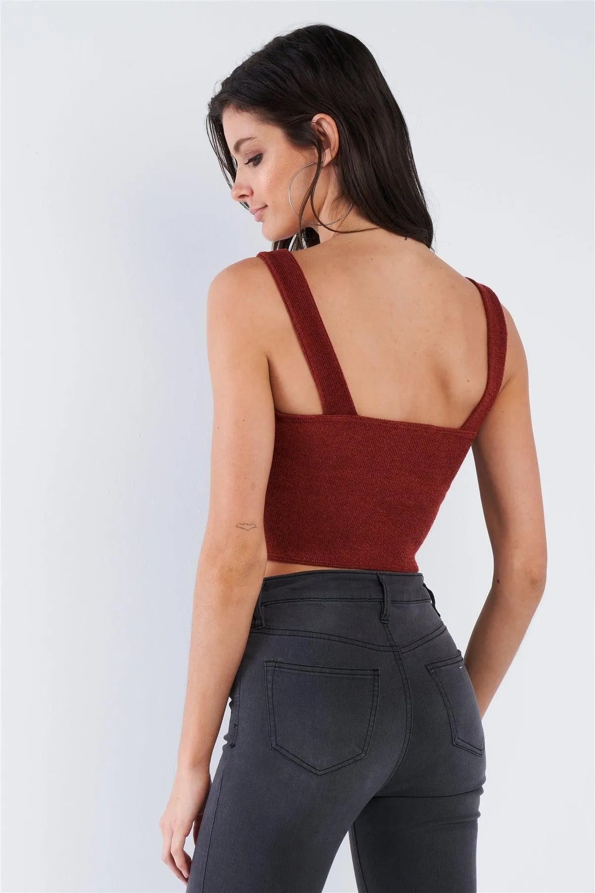 Rust Red Mock Button U-Shape Hem Crop Top /2-2-2 - Tasha Apparel Wholesale