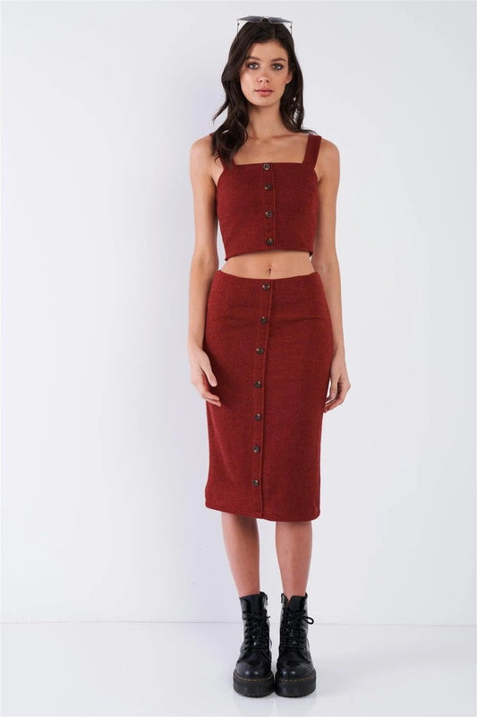 Rust Red Mock Button U-Shape Hem Crop & Midi Bodycon Skirt Set /2-2-2 - Tasha Apparel Wholesale