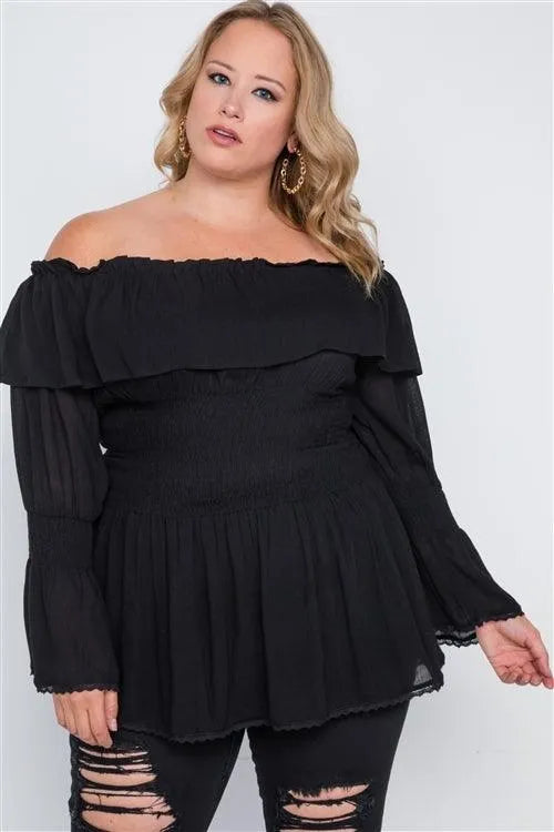 Plus Size Black Off-The-Shoulder Flounce Top /1-2-2 - Tasha Apparel Wholesale