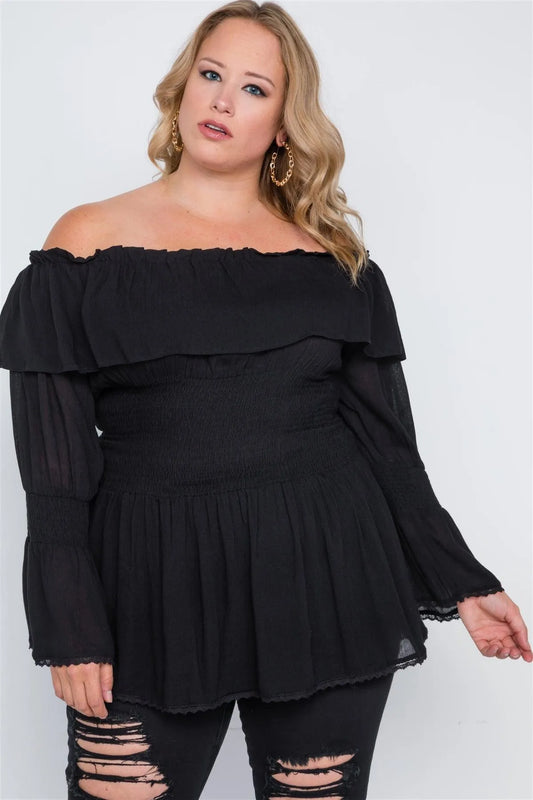Plus Size Black Off-The-Shoulder Flounce Top /2-2-2 - Tasha Apparel Wholesale