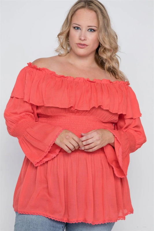 Plus Size Coral Off-The-Shoulder Flounce Top /2-2-2 - Tasha Apparel Wholesale