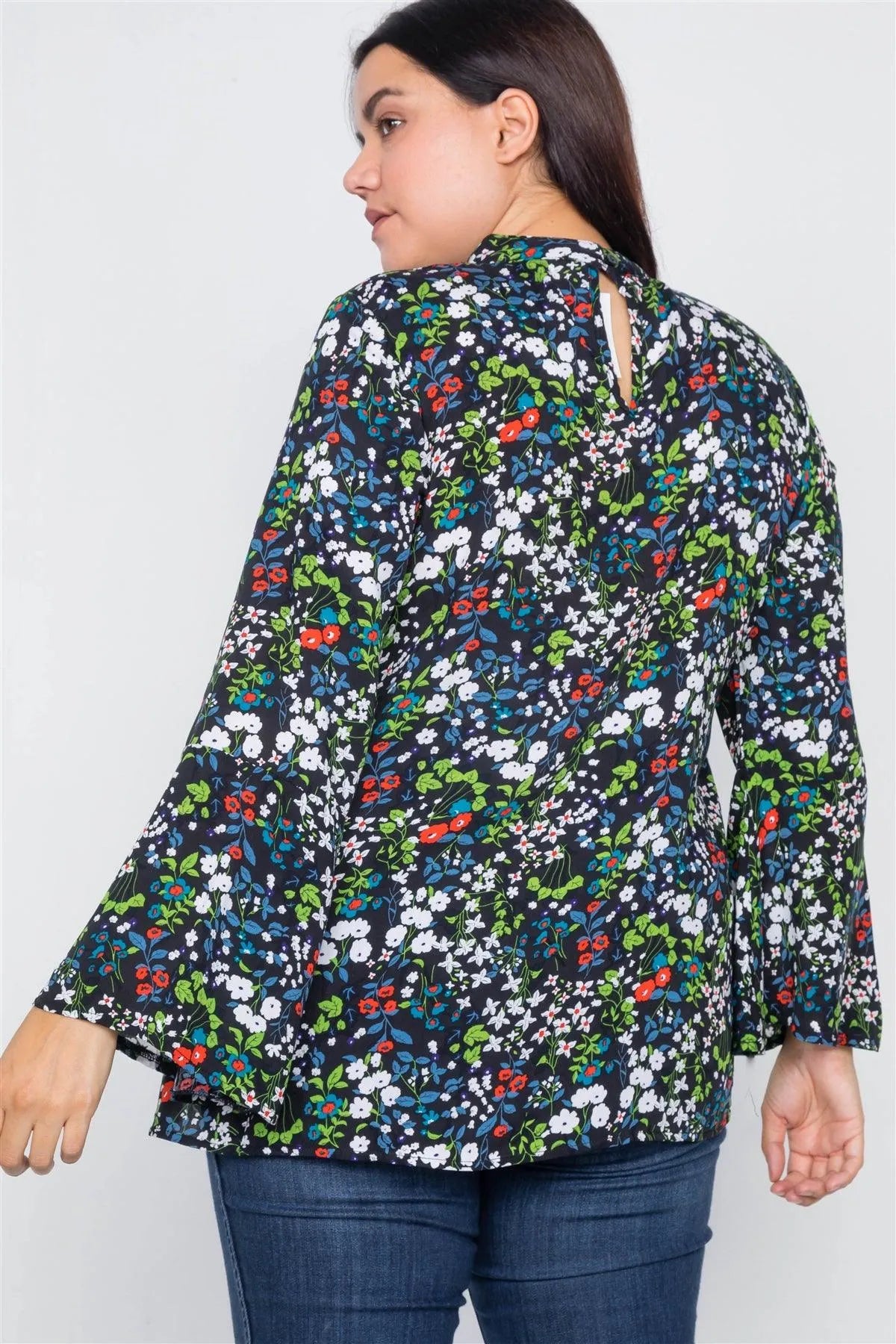 Plus Size Black Keyhole Cut Out Lace Trim Bell Sleeve Top /1-2-3 - Tasha Apparel Wholesale