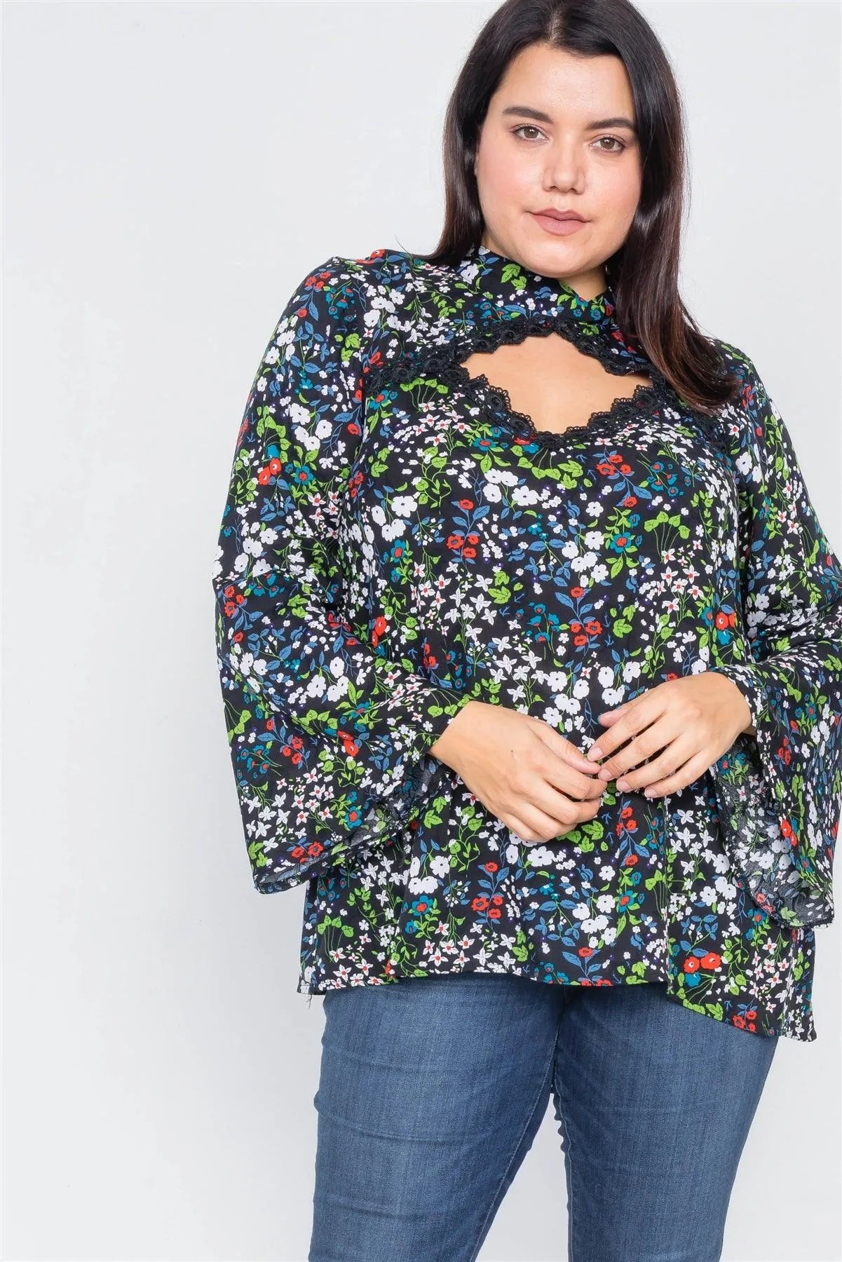 Plus Size Black Keyhole Cut Out Lace Trim Bell Sleeve Top /1-2-3 - Tasha Apparel Wholesale