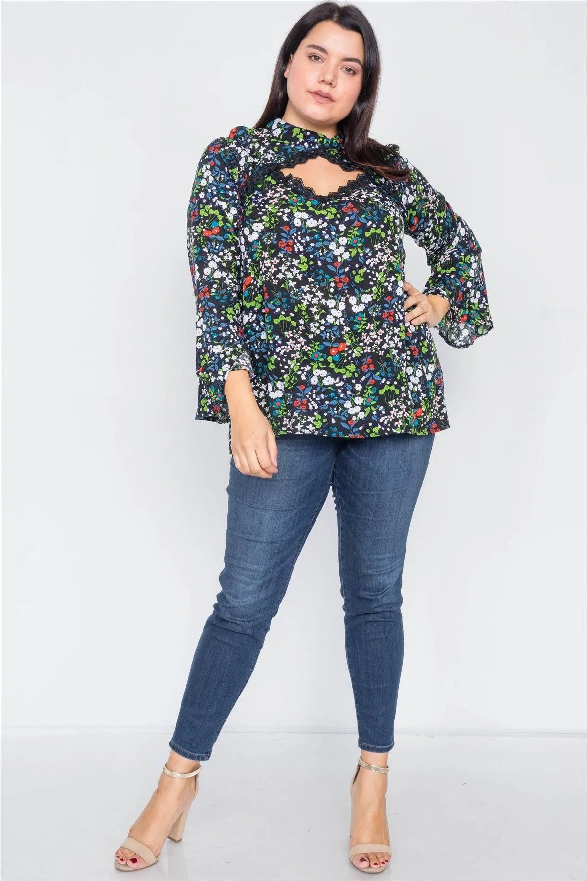 Plus Size Black Keyhole Cut Out Lace Trim Bell Sleeve Top /1-2-3 - Tasha Apparel Wholesale