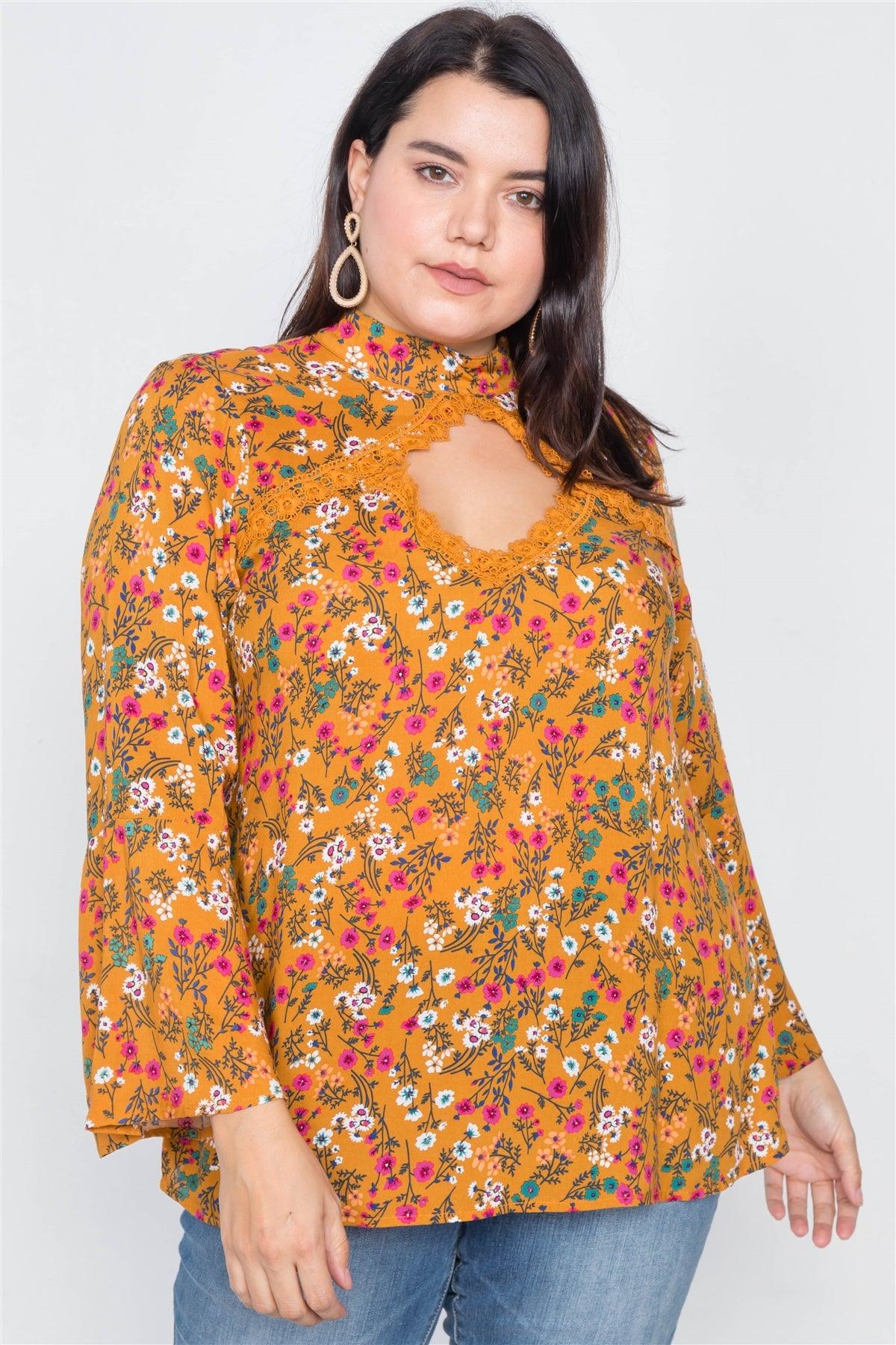Plus Size Mustard Keyhole Cut Out Lace Trim Bell Sleeve Top