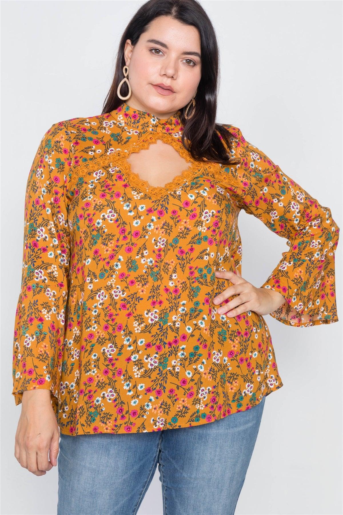 Plus Size Mustard Keyhole Cut Out Lace Trim Bell Sleeve Top