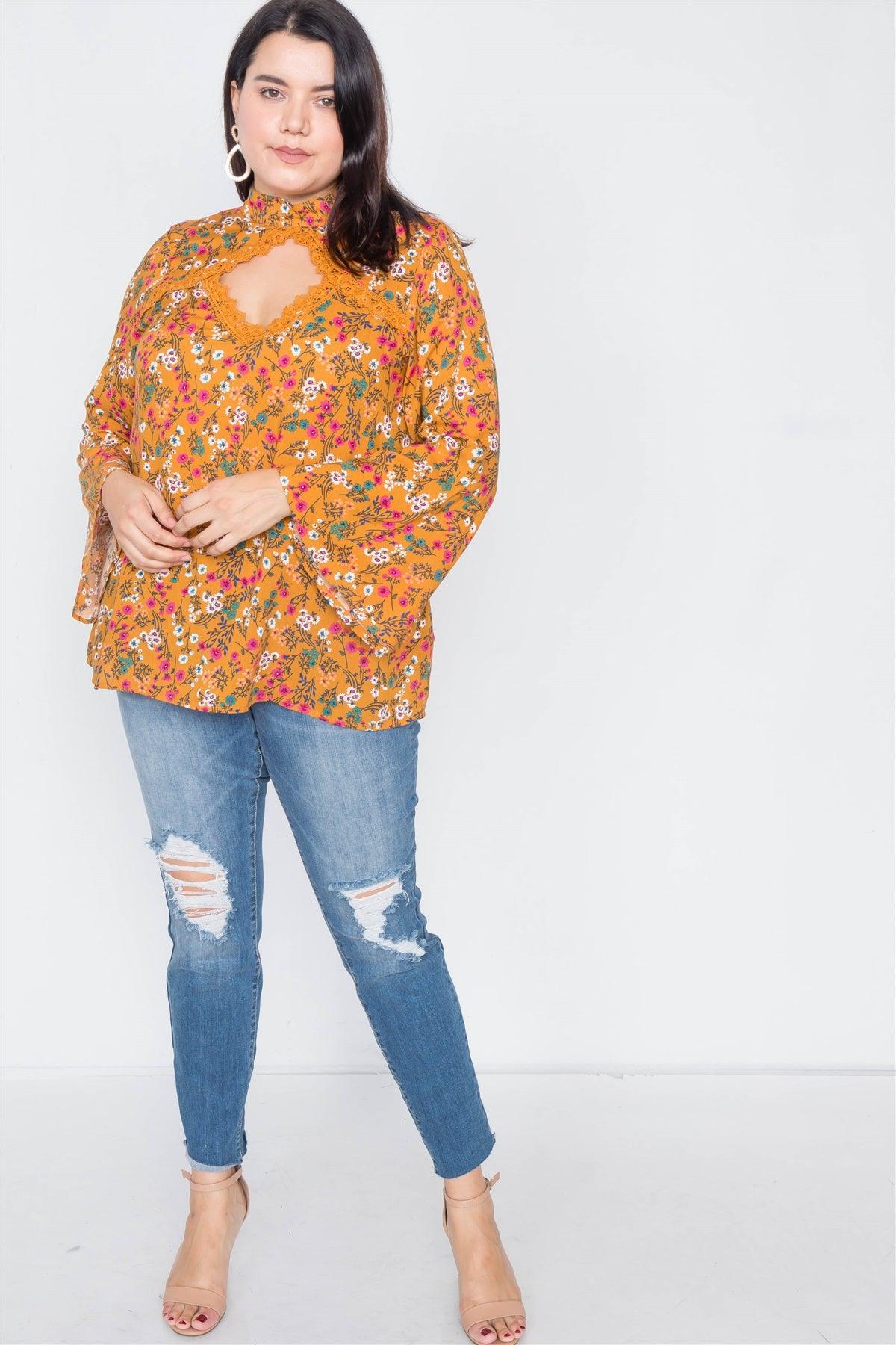 Plus Size Mustard Keyhole Cut Out Lace Trim Bell Sleeve Top /2-2-2