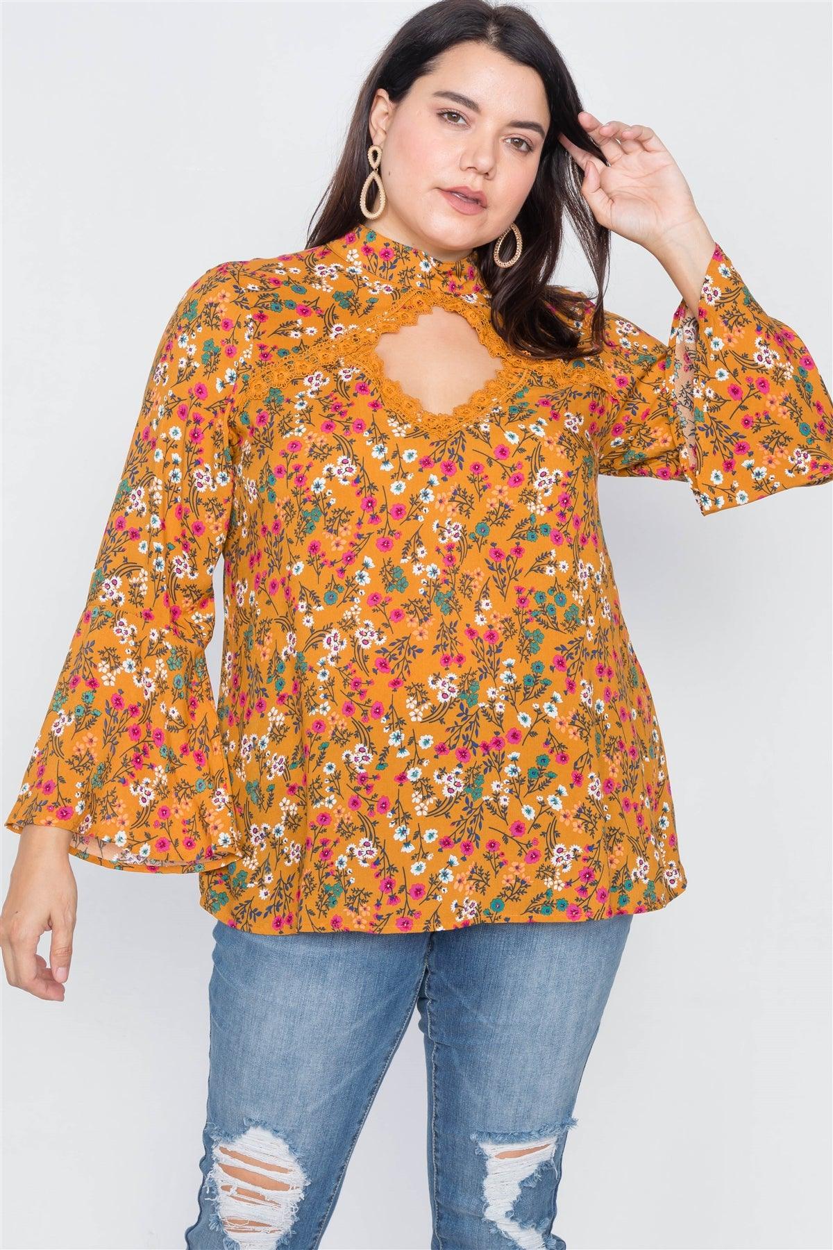 Plus Size Mustard Keyhole Cut Out Lace Trim Bell Sleeve Top /2-2-2