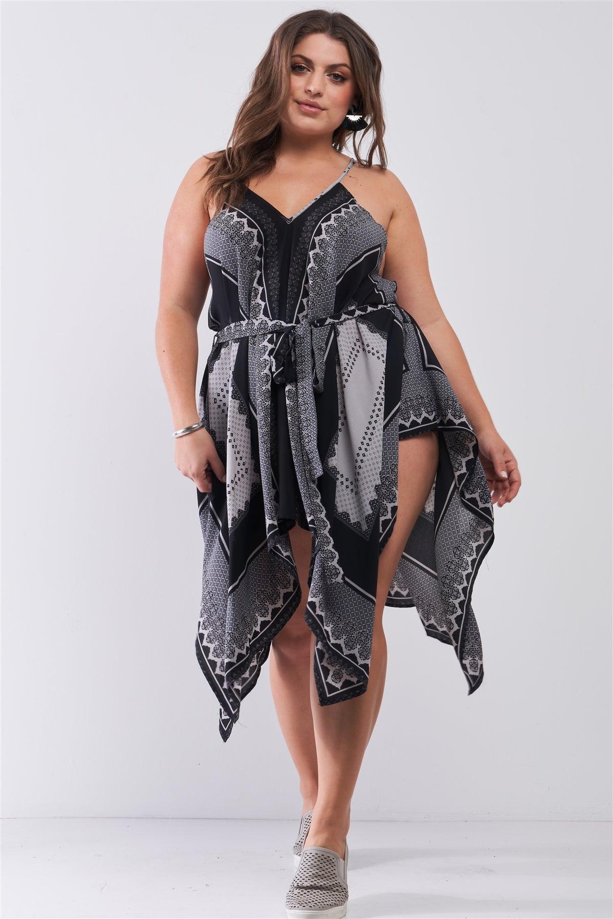 Junior Plus "Kerchief" Black & Grey Geometric Print V-Neck Sleeveless Self-Tie Belt Asymmetrical Mini Dress /3-2-1 - Tasha Apparel Wholesale