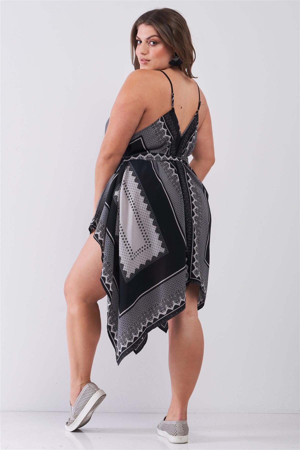 Junior Plus "Kerchief" Black & Grey Geometric Print V-Neck Sleeveless Self-Tie Belt Asymmetrical Mini Dress /3-2-1 - Tasha Apparel Wholesale