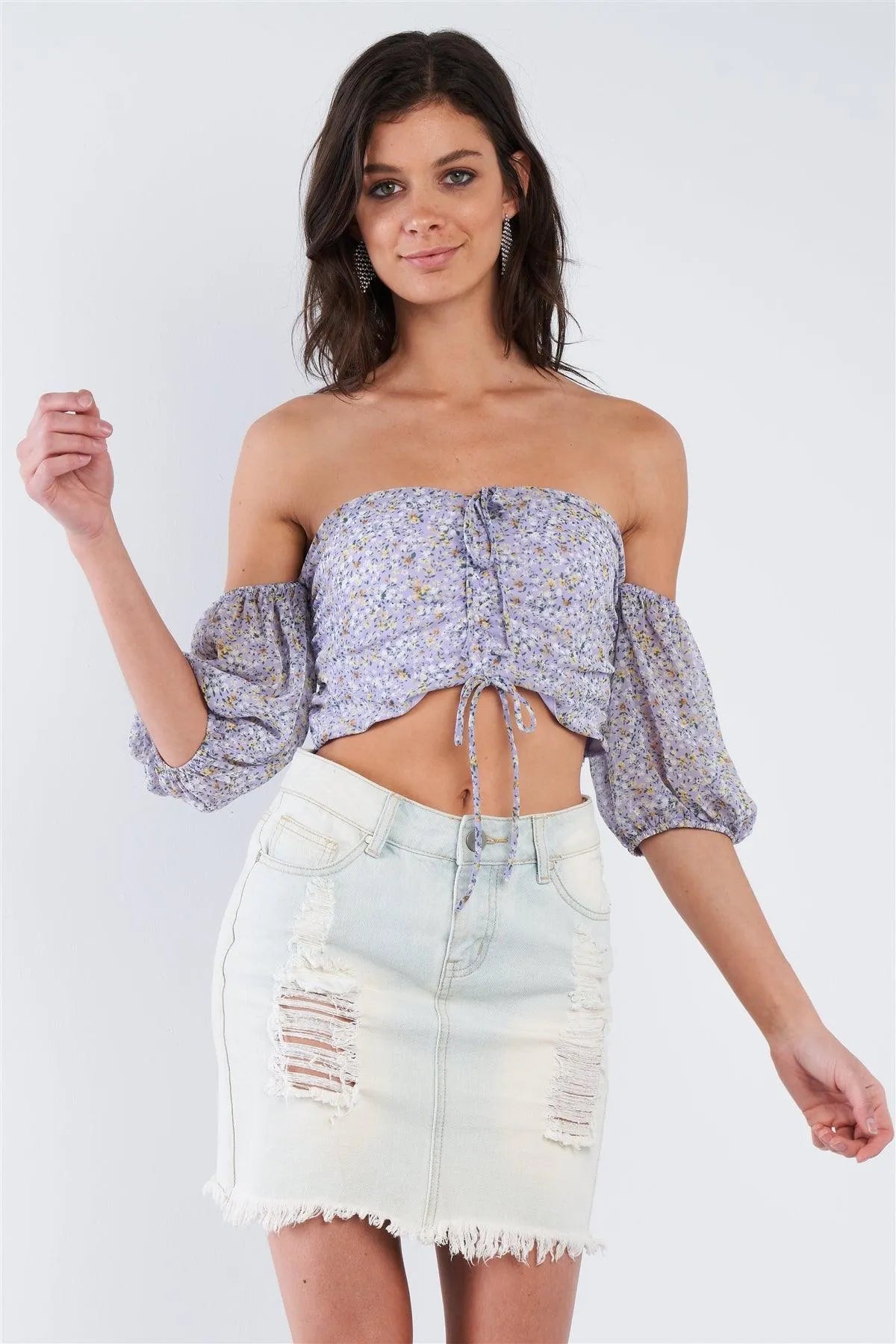 Lavender Purple Floral Print Off The Shoulder Puff Sleeve Crop Top /3-2-1 - Tasha Apparel Wholesale