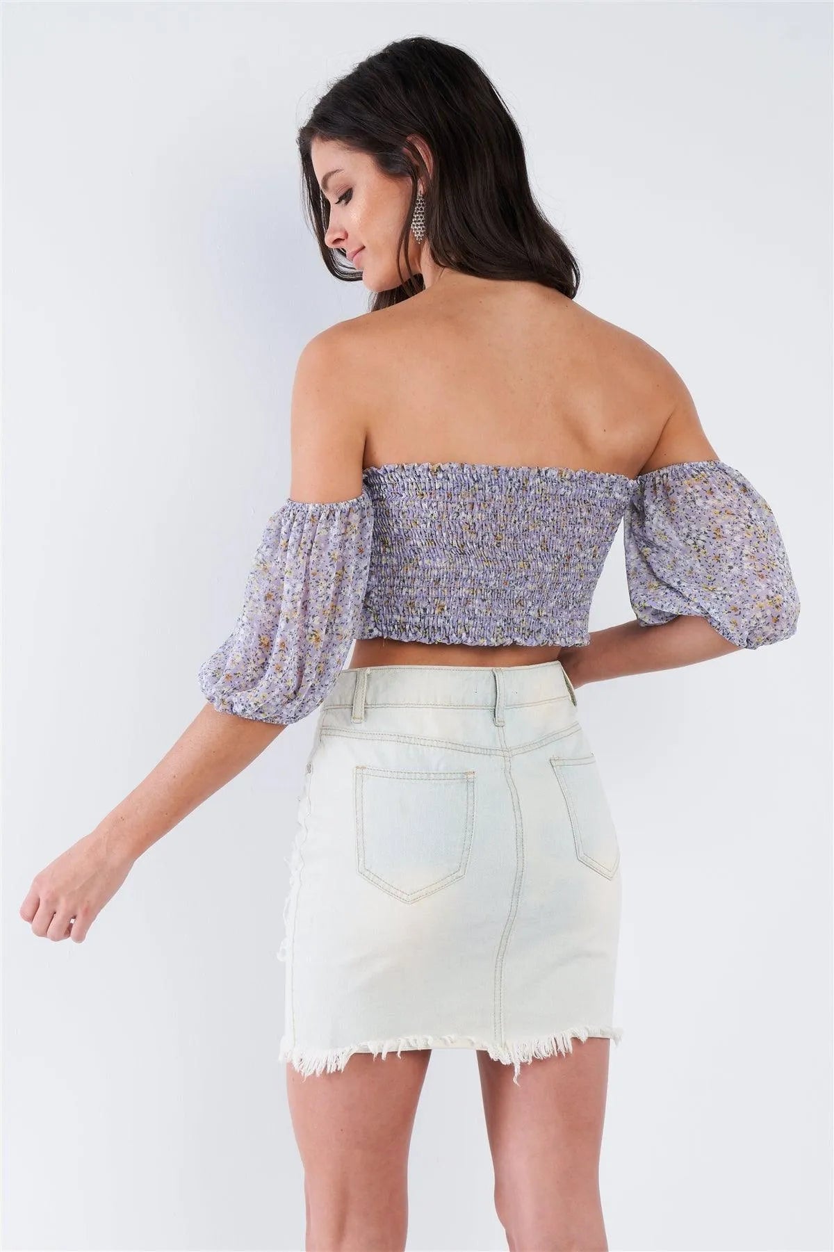Lavender Purple Floral Print Off The Shoulder Puff Sleeve Crop Top /3-2-1 - Tasha Apparel Wholesale