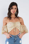 Yellow Floral Print Off The Shoulder Puff Sleeve Crop Top  /3-2-1