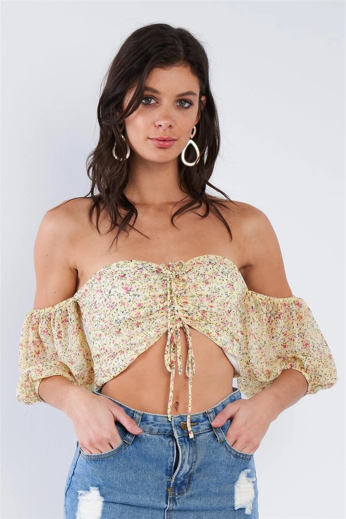 Yellow Floral Print Off The Shoulder Puff Sleeve Crop Top /3-2-1 - Tasha Apparel Wholesale
