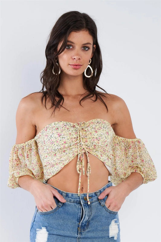 Yellow Floral Print Off The Shoulder Puff Sleeve Crop Top /3-2-1 - Tasha Apparel Wholesale