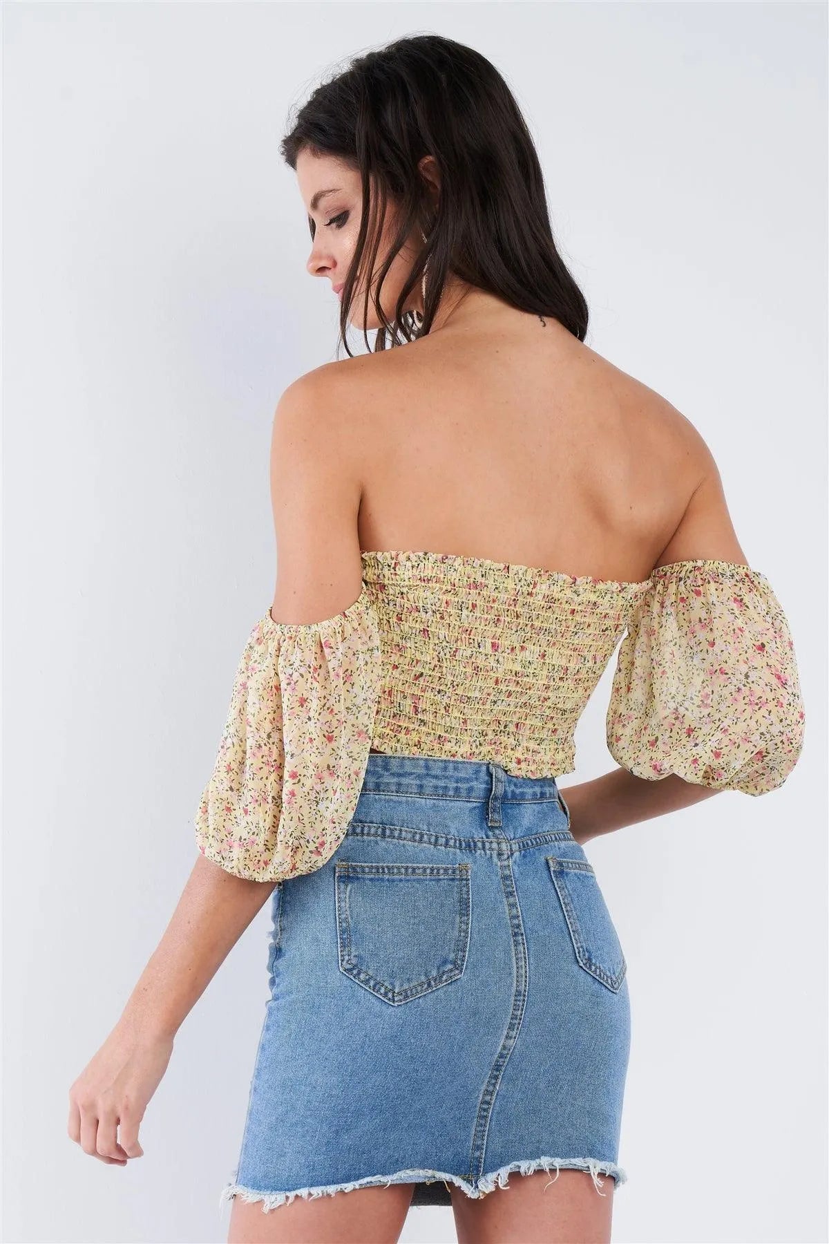 Yellow Floral Print Off The Shoulder Puff Sleeve Crop Top /3-2-1 - Tasha Apparel Wholesale