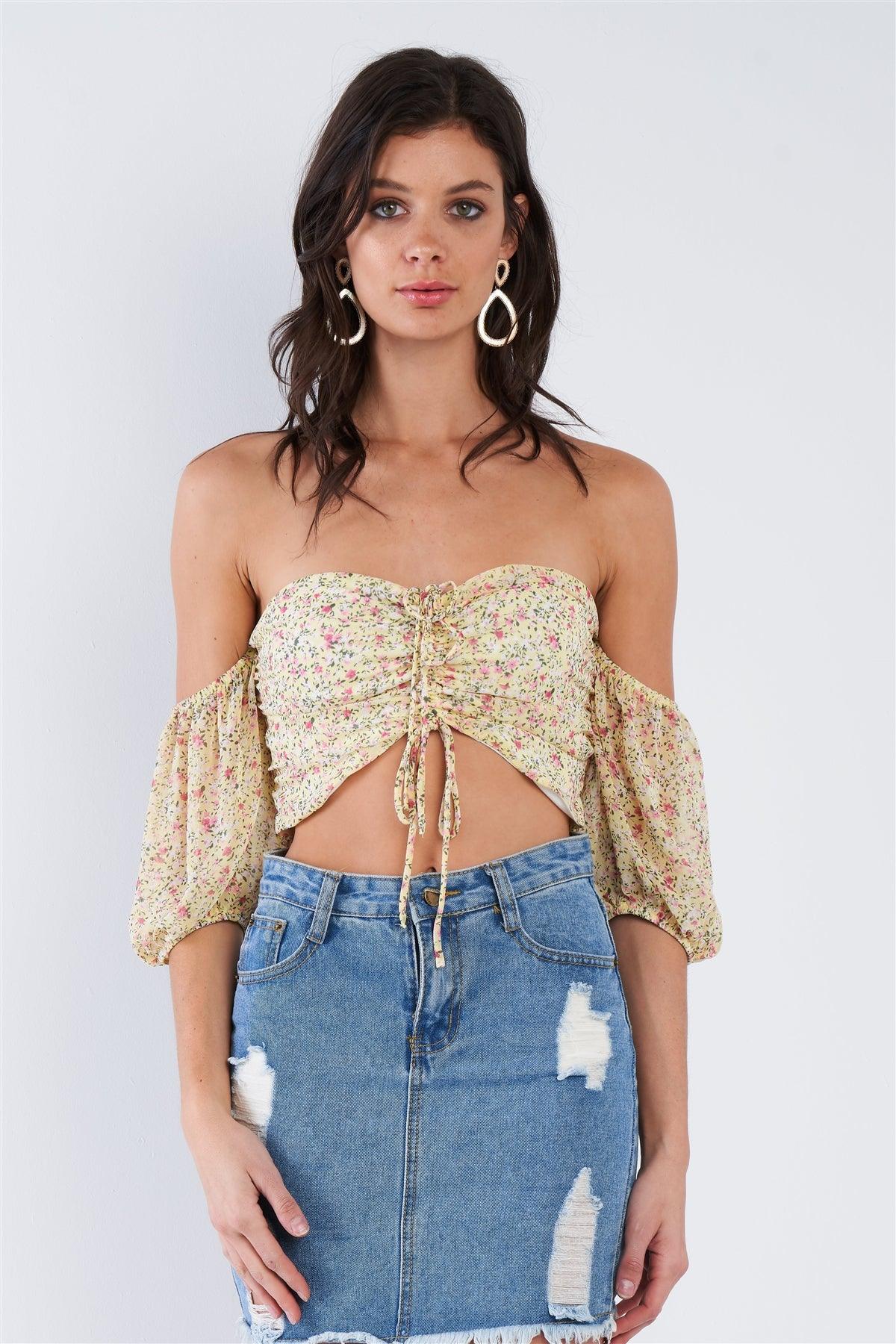 Yellow Floral Print Off The Shoulder Puff Sleeve Crop Top  /3-2-1