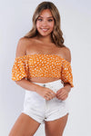 Tangerine Polka Dotted Off The Shoulder Puff Sleeve Elastic Crop Top /3-2-1 - Tasha Apparel Wholesale