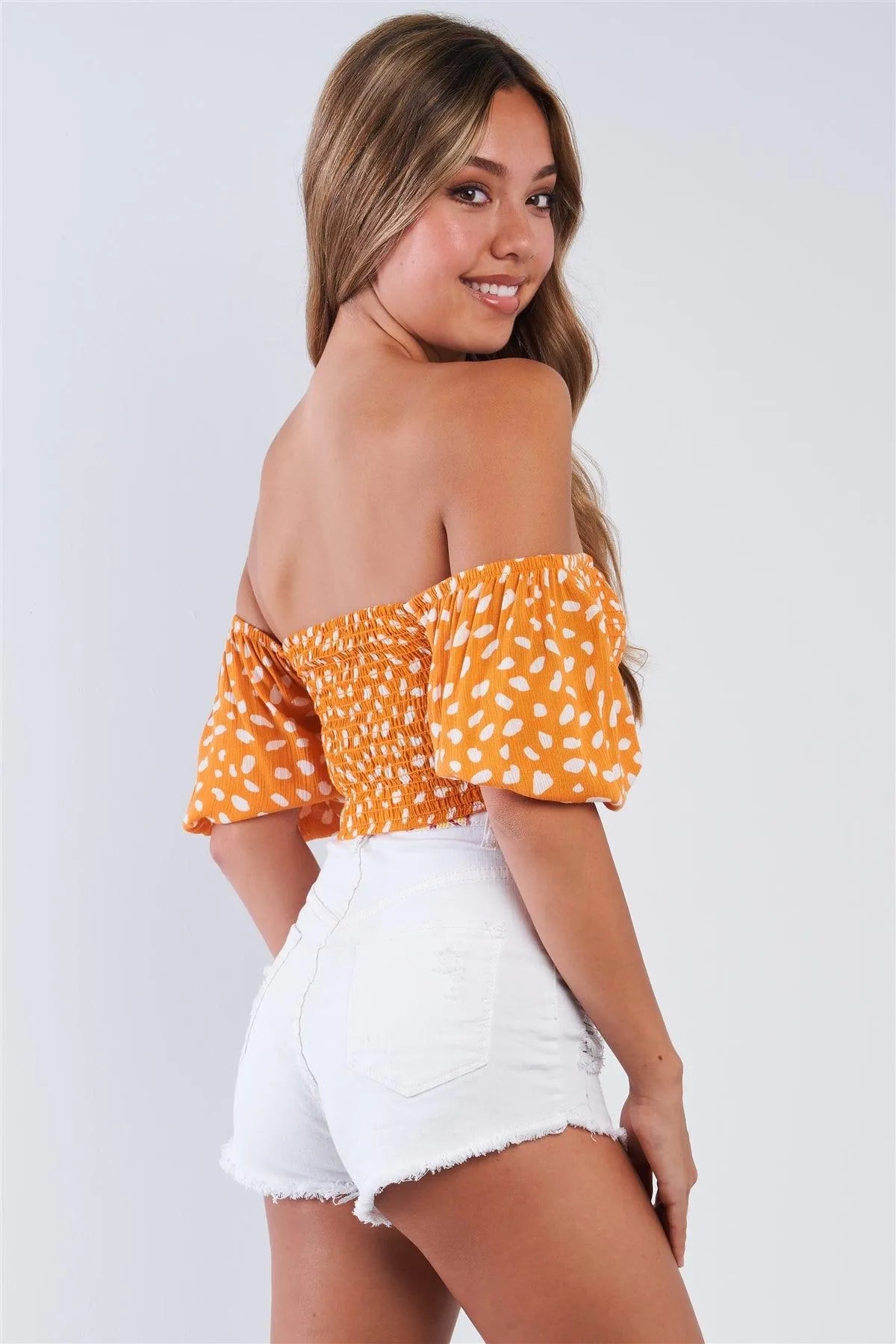 Tangerine Polka Dotted Off The Shoulder Puff Sleeve Elastic Crop Top /3-2-1 - Tasha Apparel Wholesale