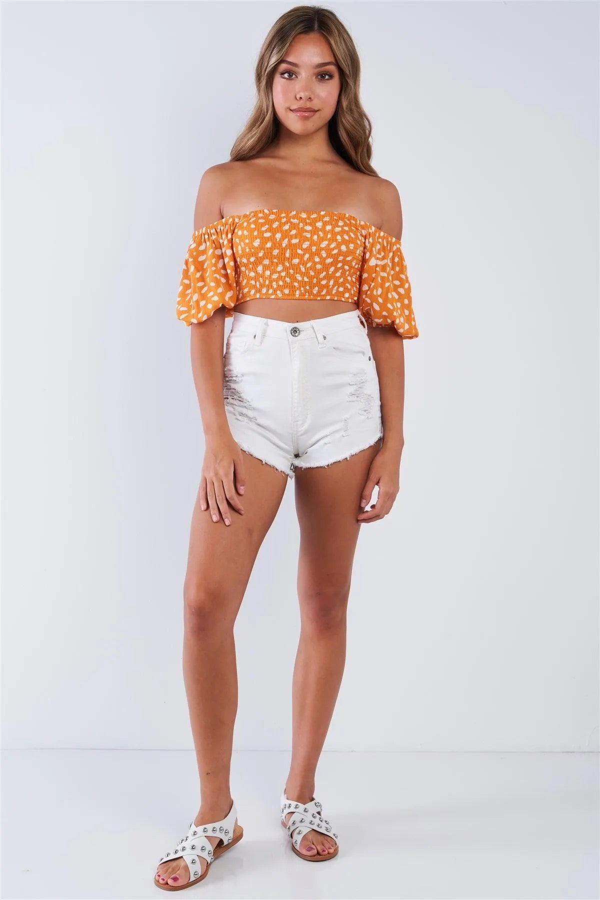 Tangerine Polka Dotted Off The Shoulder Puff Sleeve Elastic Crop Top /3-2-1 - Tasha Apparel Wholesale