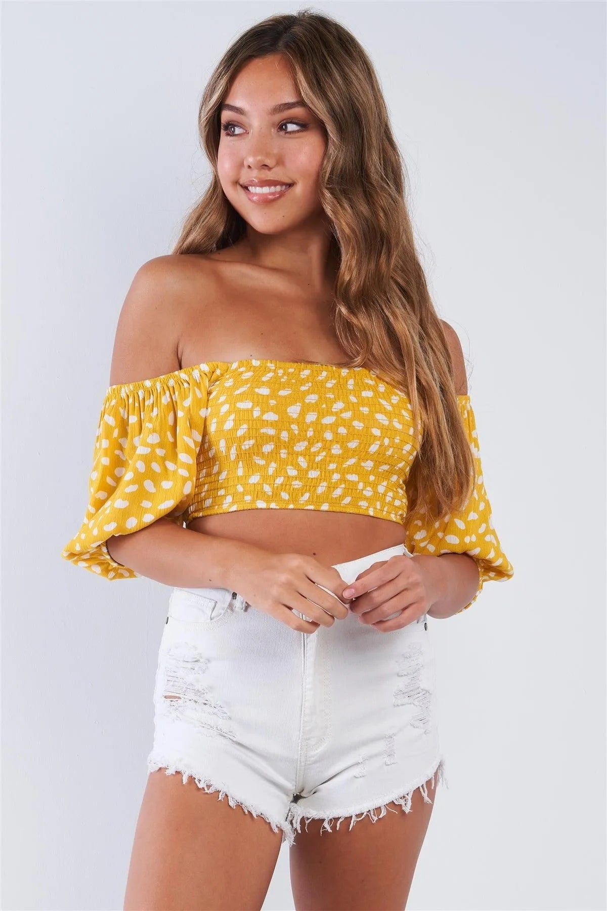 Lemon Yellow Polka Dotted Off The Shoulder Puff Sleeve Elastic Crop Top - Tasha Apparel Wholesale