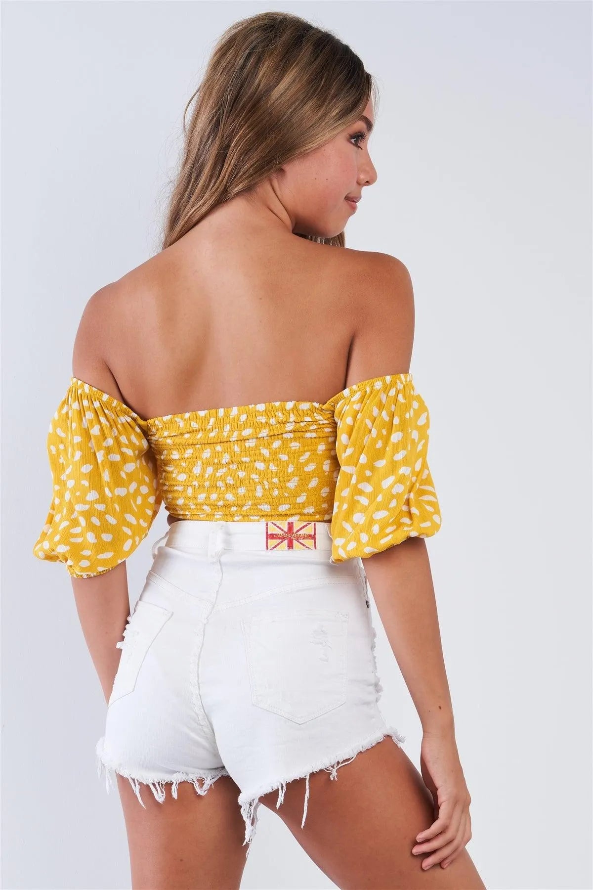 Lemon Yellow Polka Dotted Off The Shoulder Puff Sleeve Elastic Crop Top - Tasha Apparel Wholesale