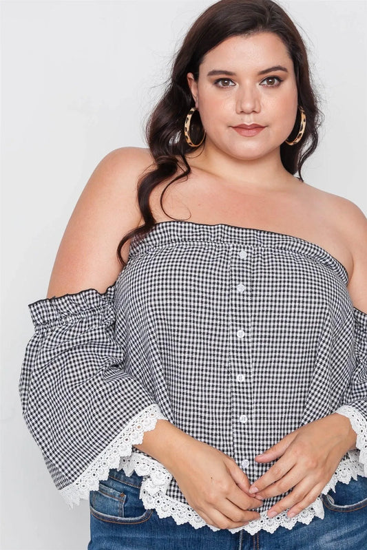 Plus Size Black Gingham Off-The-Shoulder Top /2-2-2 - Tasha Apparel Wholesale