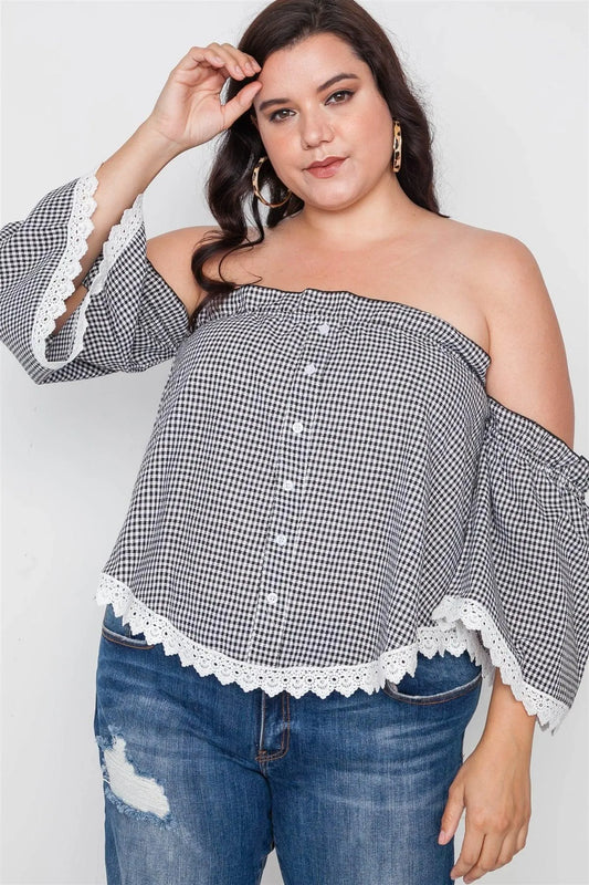 Plus Size Black Gingham Off-The-Shoulder Top /3-2-2 - Tasha Apparel Wholesale