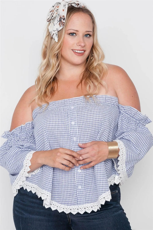Plus Size Blue Gingham Off-The-Shoulder Top /2-2-2 - Tasha Apparel Wholesale