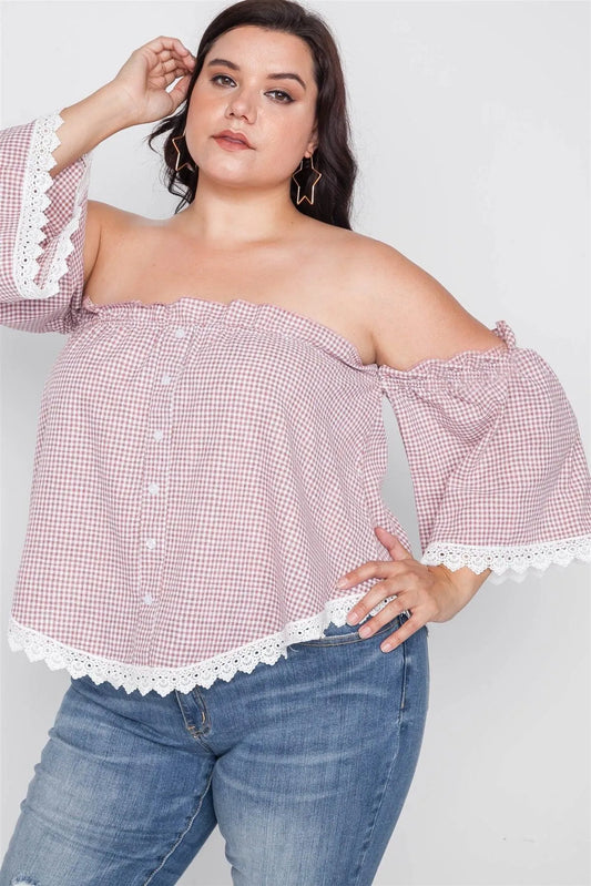 Plus Size Red Gingham Off-The-Shoulder Top /2-1-1 - Tasha Apparel Wholesale