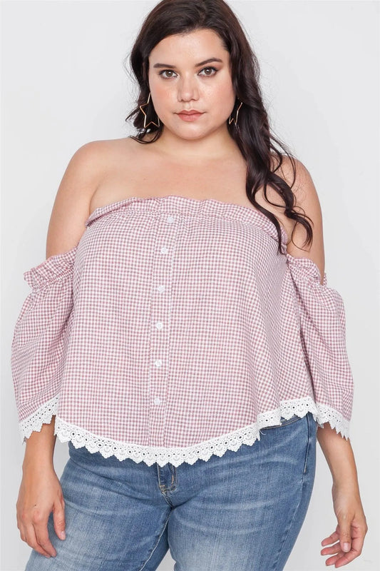 Plus Size Red Gingham Off-The-Shoulder Top /2-2-2 - Tasha Apparel Wholesale