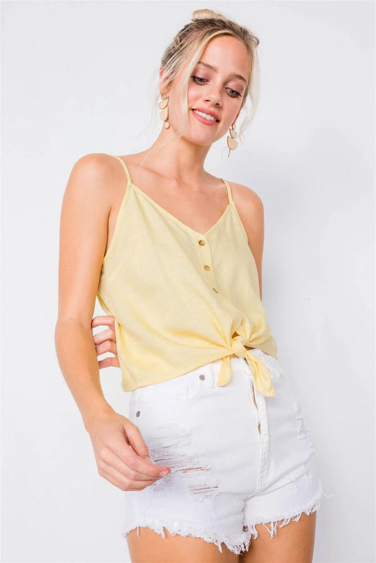 Lemon V-Neck Button Down Front Tie Cami Top /3-2-1 - Tasha Apparel Wholesale