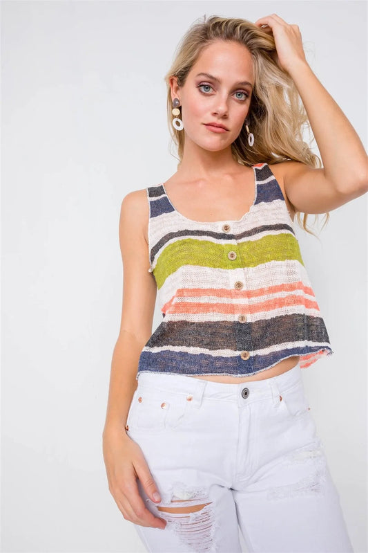 Multi Stripe Sporty Sleeveless Knit Sheer Tank Top /1-2-1 - Tasha Apparel Wholesale