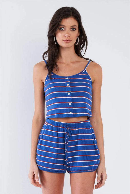 Blue Red & White Stripe Mock Front Button Crop & Casual Mini Short Loungewear Set /3-2-1 - Tasha Apparel Wholesale
