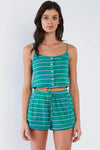 Green Blue & White Stripe Mock Front Button Crop & Casual Mini Short Set /2-2-1 - Tasha Apparel Wholesale