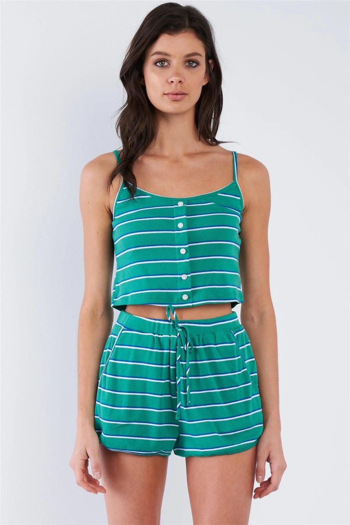 Green Blue & White Stripe Mock Front Button Crop & Casual Mini Short Set /2-2-1 - Tasha Apparel Wholesale