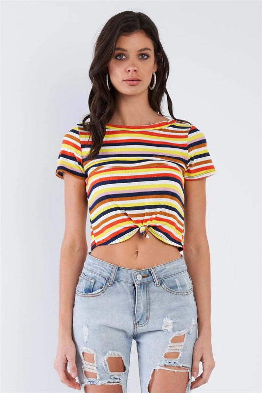 Yellow Retro Chic Multi Stripe Front Knot Crop Short Sleeve Top /3-2-1 - Tasha Apparel Wholesale