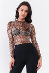 Brown Cheetah Sheer Mesh Mock Neck Long Sleeve Bodysuit - Tasha Apparel Wholesale