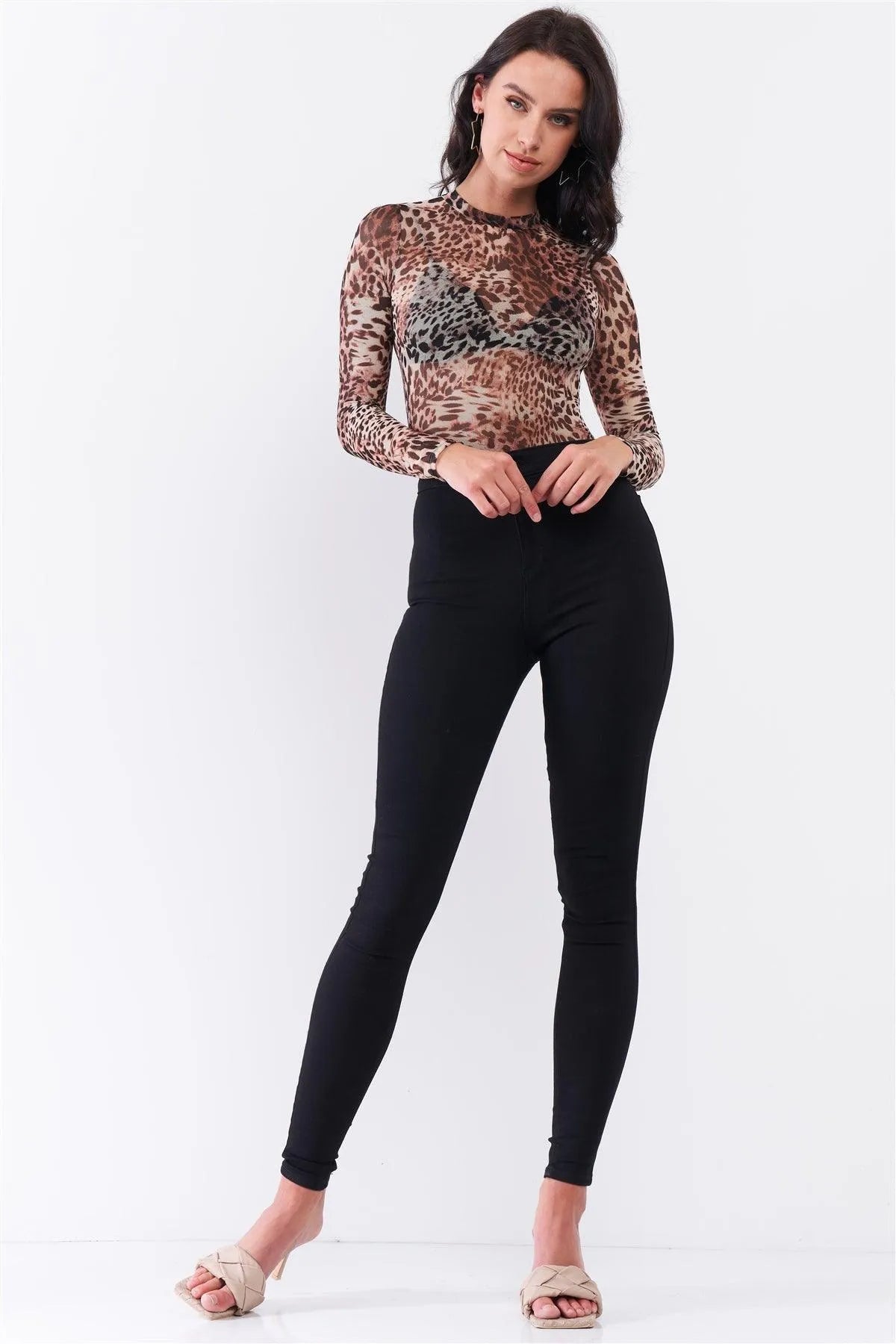 Brown Cheetah Sheer Mesh Mock Neck Long Sleeve Bodysuit - Tasha Apparel Wholesale