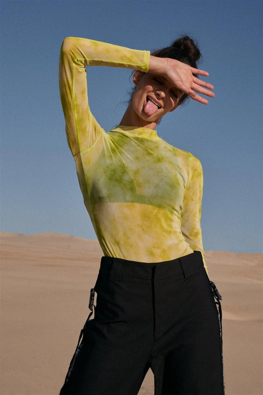 Neon Green Sexy Sheer Mesh Long Sleeve Mock Neck Bodysuit /3-2-1 - Tasha Apparel Wholesale