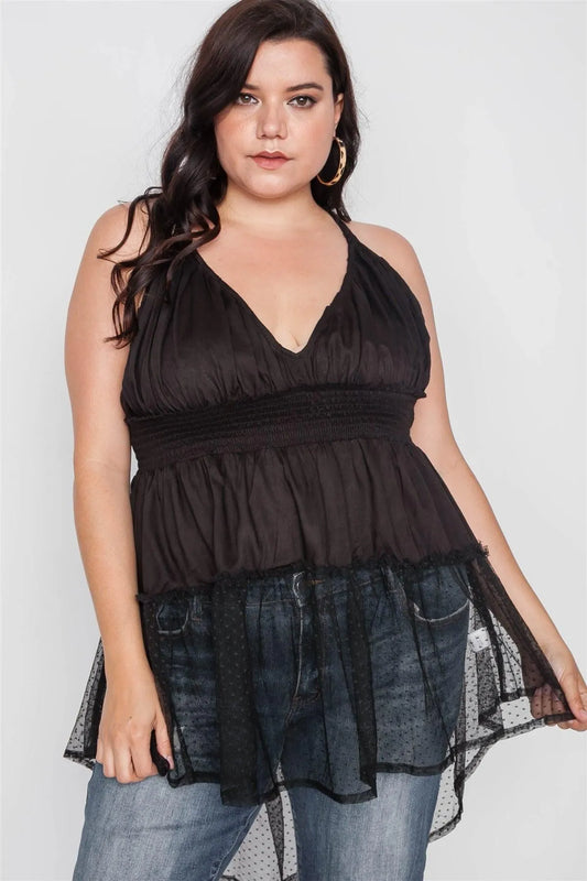 Plus Size Black Smocked Combo Mesh Top /2-2-2 - Tasha Apparel Wholesale
