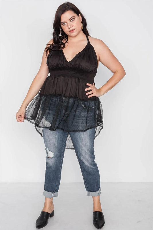 Plus Size Black Smocked Combo Mesh Top /4-2-2 - Tasha Apparel Wholesale
