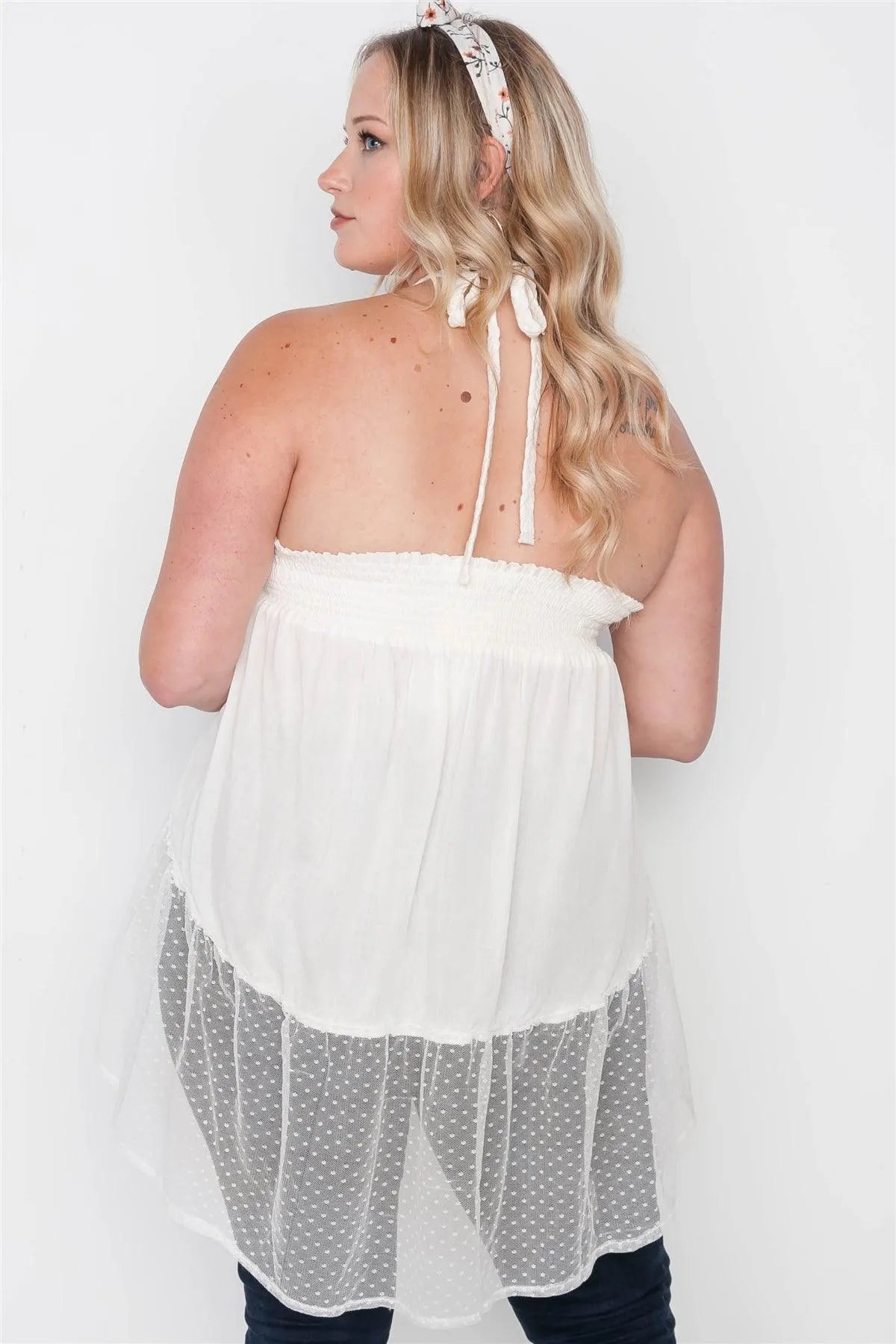 Plus Size Ivory Smocked Combo Mesh Top /1-1-1 - Tasha Apparel Wholesale