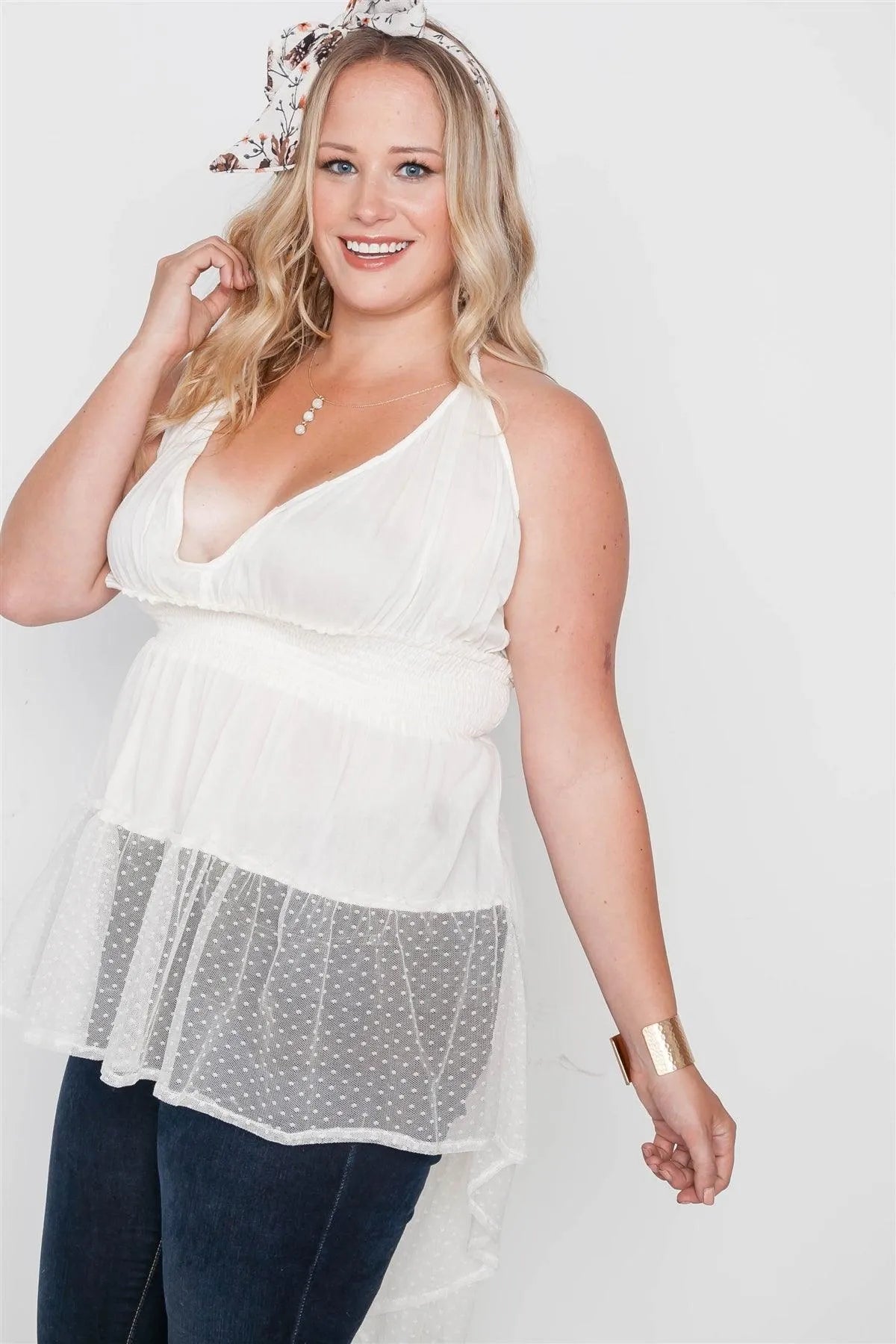 Plus Size Ivory Smocked Combo Mesh Top /1-1-1 - Tasha Apparel Wholesale