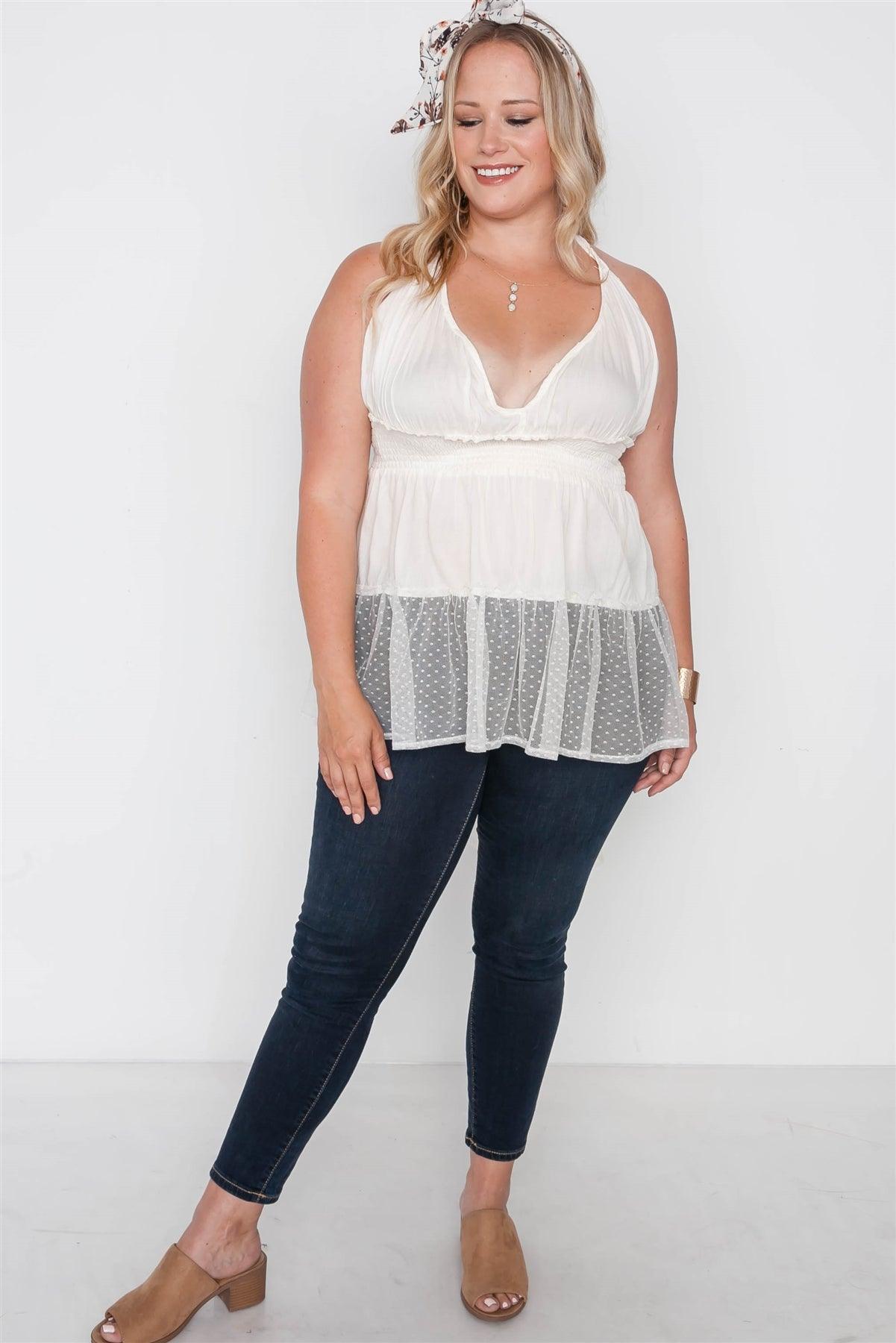 Junior Plus Size Ivory Smocked Combo Mesh Top /2-2-2