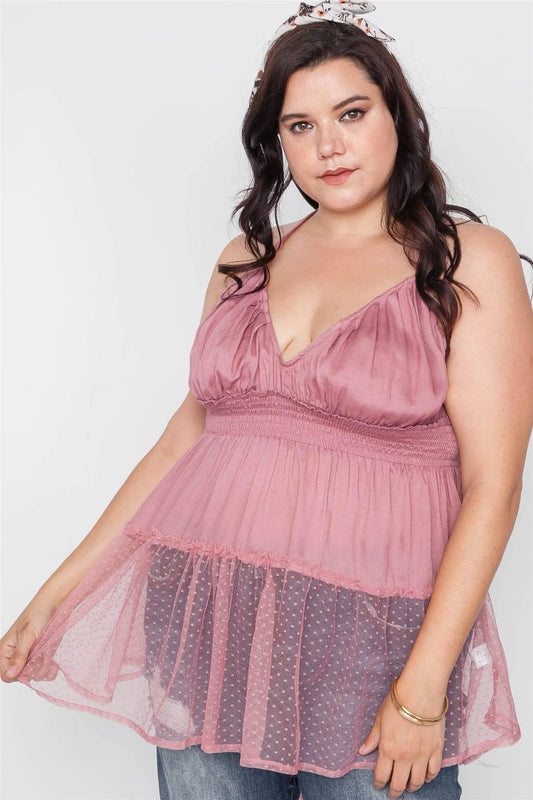 Plus Size Rose Smocked Combo Mesh Top /2-2-2 - Tasha Apparel Wholesale
