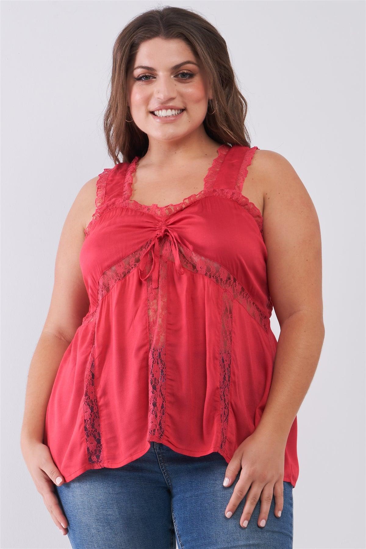 Junior Plus Fuchsia Lace Trim Sleeveless Gathered Front With Self-Tie Drawstring Top /2-2-2