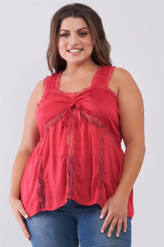 Junior Plus Fuchsia Lace Trim Sleeveless Gathered Front With Self-Tie Drawstring Top /2-2-2 - Tasha Apparel Wholesale