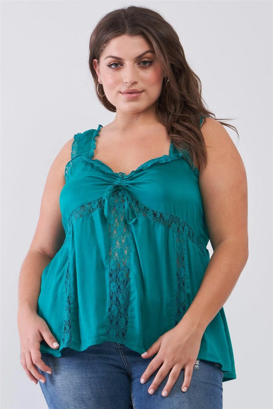 Junior Plus Teal Lace Trim Sleeveless Gathered Front With Self-Tie Drawstring Top /2-2-2 - Tasha Apparel Wholesale