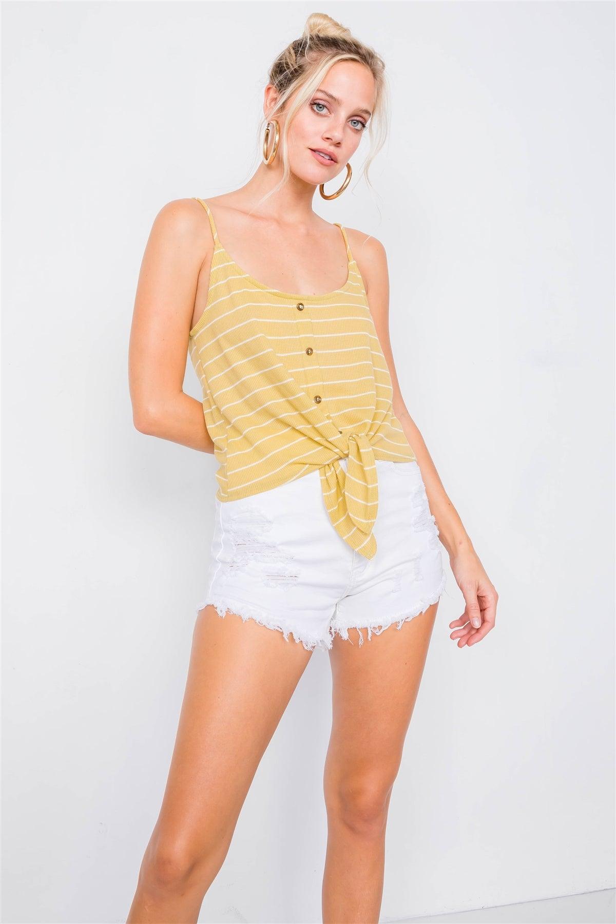 Lime & Ivory Stripe Front Knot Button Down Crop Tank Top /1-1-2